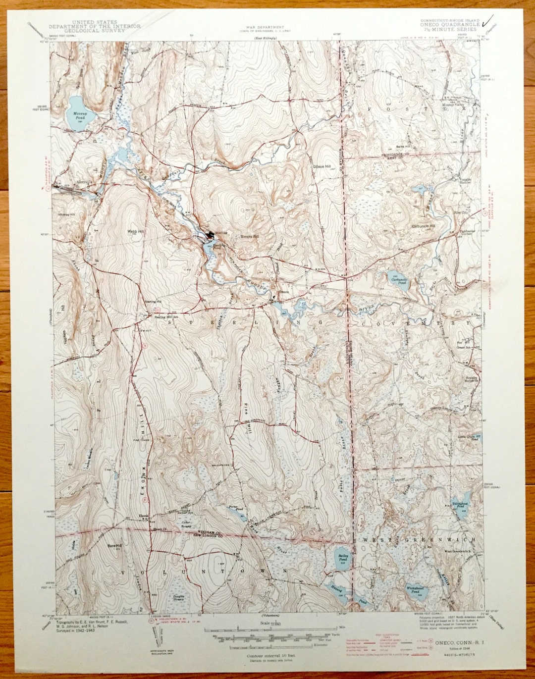 Antique Oneco, Connecticut 1944 US Geological Survey Topographic Map