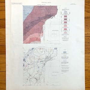 May include: Two maps of the Michigan District, showing bedrock geology and artesian water. The bedrock geology map shows different colored areas representing different types of rock formations. The artesian water map shows contour lines indicating the depth of the water table.