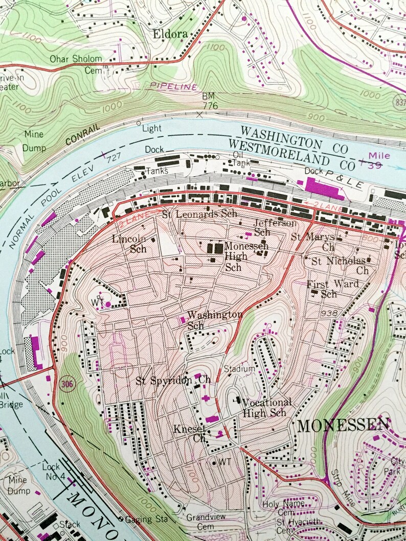 Antique Monongahela Pennsylvania 1954 US Geological Survey Etsy