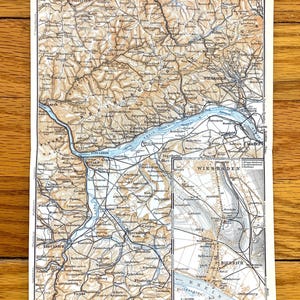 Antique 1911 Wiesbaden and Mainz, Germany Map from Baedekers Guide Atlas – Hesse, Upper Rhine River, Taunus mountains, Bingen, Biebrich