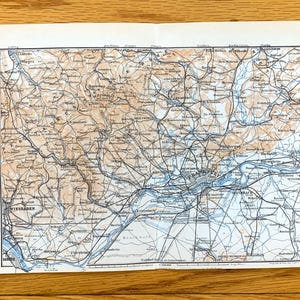 Mapa antiguo de Frankfurt, Alemania, de 1911, de Baedekers Guide Atlas: Hesse, montañas Taunus, río Meno, Wiesbaden, Maguncia, Hanau, Homburg