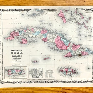 Antieke Cuba-kaart uit 1864 door Johnson en Ward – Key West, Florida, Bahama's, West-Indië, Havana, Kaaimaneilanden, Nassau, Cat, Puerto Rico