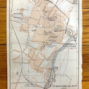 Antike 1906 Stratford-on-Avon, England Karte von Baedekers Atlas of Great Britain - Warwickshire, William Shakespeare, Elizabethan, UK