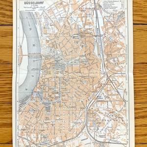 Antieke 1911 Düsseldorf, Duitsland kaart uit Baedekers Guide Atlas - Noordrijn-Westfalen, Rijn, Derendorf, Schloss, Flingern