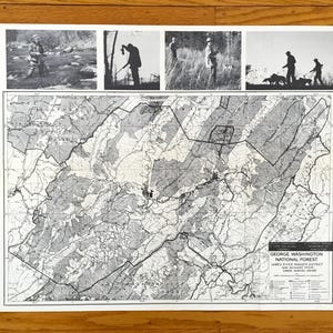 Antike George Washington National Forest 1964 Sportsman's Guide Map - James River Ranger Distrikt, Alleghany County, Botetort, Covington VA