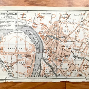Antique 1914 Montauban, Mapa de Francia de Baedekers Guía Atlas – Tarn River, Faubourg, Caserne, Gare, Seminary, Tarn-et-Garonne, Occitanie