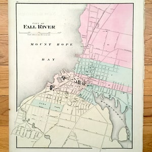 Antique 1871 Fall River & Taunton, Massachusetts Double-Sided Topographical Map de Stedman y Lyon Atlas – Bristol County, Mount Hope Bay