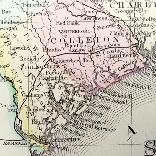 Antique 1871 North & South Carolina State Map by S. shops Augustus Mitchell – Charlotte, Raleigh Durham, Charleston, Savannah, Outer Banks, NC SC