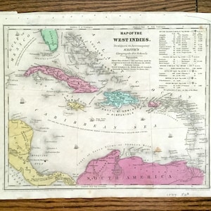 Antigo mapa das Índias Ocidentais de 1844 do Atlas "Geografia para Escolas" de Smith - Cuba, Costa Rica, Jamaica, Porto Rico, Grandes Antilhas, Flórida