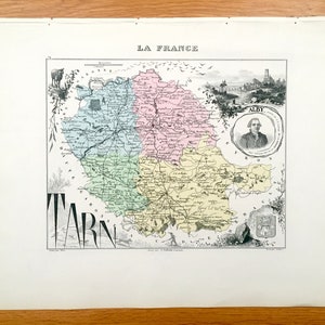Antike 1858 Tarn Departamento, Frankreich Karte aus Frankreich und seinen Kolonien von Alexandre Vuillemin – Albi, Alby, Castres, Gaillac, Graulhet