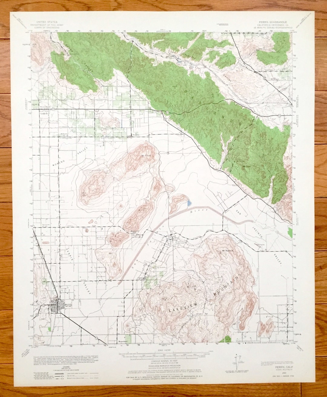 Antique Perris, California 1942 US Geological Survey Topographic Map Sunnymead, Romoland, El