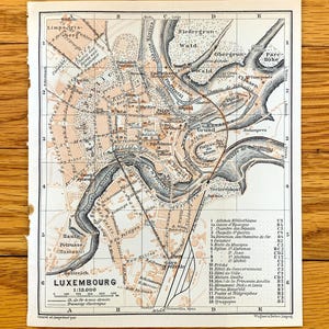 Antique 1911 Luxembourg City Map from Baedekers Guide Atlas – Alzette Petrusse River, Franks, Chemin de la Corniche, medieval fortress
