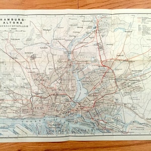 Antique 1925 Hamburg-Altona, Germany Map from Baedekers Guide Atlas – Niendorf, Elbe River, Hamm, Wandsbek, Horn, Alsterdorf, Lokstedt