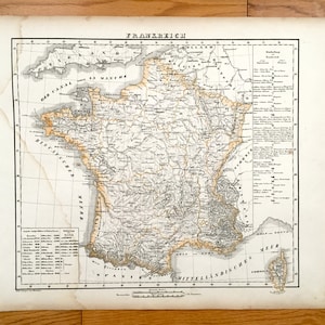 Antike 1855 Frankreich Karte von Carl Flemming – Frankreich, Paris, Marseille, Toulouse, Bordeaux, Lille, Nantes, Lyon