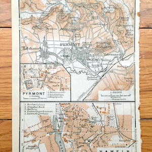 Antique 1925 Hamelin Pyrmont, Germany Map from Baedekers Guide Atlas – Holzhausen, Osdorf, Saline, Lowensen, Schloss, Lower Saxony, Weser