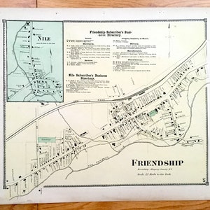 Antike 1869 Freundschaft & Nil, New York Karte von D.G. Beers Atlas of Allegany County – Van Campens Creek, Nile Creek, Erie Railroad, NY