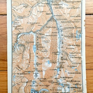 Antike 1914 Cauterets Hautes Pyrenäen, Frankreich Karte von Baedekers Guide Atlas – Soum de Monne, Pic d'Ardiden, Vignemale, Montferrat, Tal