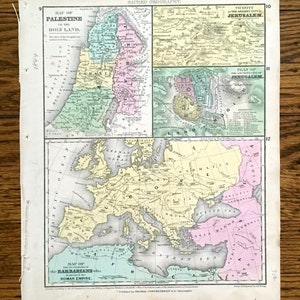 Antigüedad de 1844 Palestina, Jerusalén y Bárbaros de Roma Mapa de S. Augustus Mitchell Atlas Antiguo – Tierra Santa, Europa, Belén, Galilea