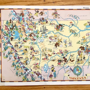 Antieke kaart Montana State uit 1935 uit Our Gay Geography door Ruth Taylor - Billings Missoula Great Falls Bozeman Butte Glacier National Park MT