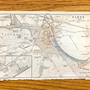 Antike 1911 Kleve, Deutschland Karte von Baedekers Atlas Atlas – Niederrhein und Schloß Schwanenburg