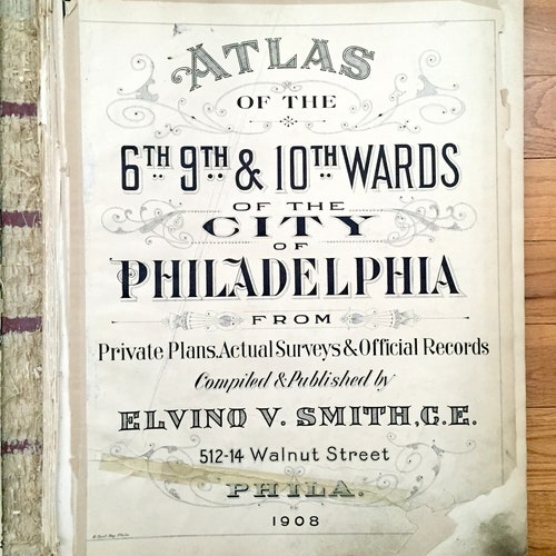 Antique Center City, Philadelphia, Pennsylvania 1908 Elvino V Smith Atlas Map – shops City Hall, Logan Square, Rittenhouse, Market Street, PA PHL