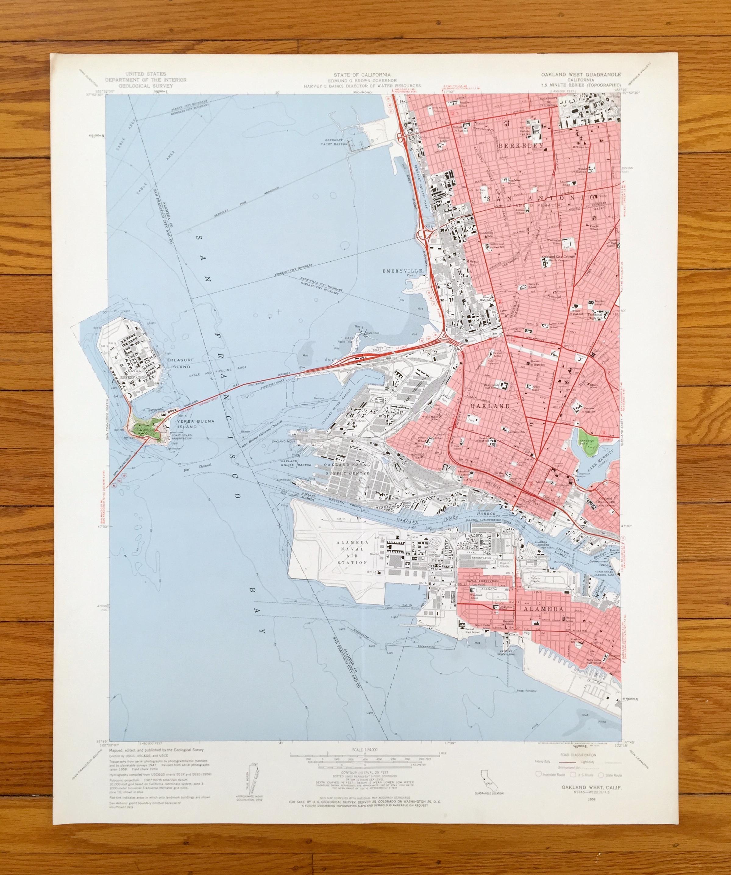 Antique Oakland, California 1959 US Geological Survey Topographic Map – Berkeley, Emeryville, Alameda, San Antonio, Yerba Buena Island, CA