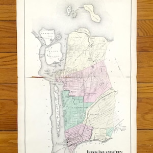 Antike 1873 Long Island City, Queens New York Karte von F.W. Beers Atlas von Long Island - Astoria, Ravenswood, Hunters Point, Dutch Kills