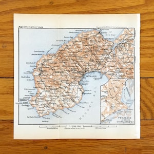 Antike 1927 Penzance & Lizard Point, England Karte von Baedekers Atlas of Great Britain - Cornwall, Mousehole, St Ives, Penwith Coast Sennen