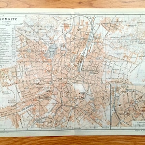 Antik 1925 Chemnitz, Zwickau und Freiberg, Deutschland Karte von Baedekers Guide Atlas – Kassberg, Kappel, Zeisigwald, Hilbersdorf, Sonnenberg