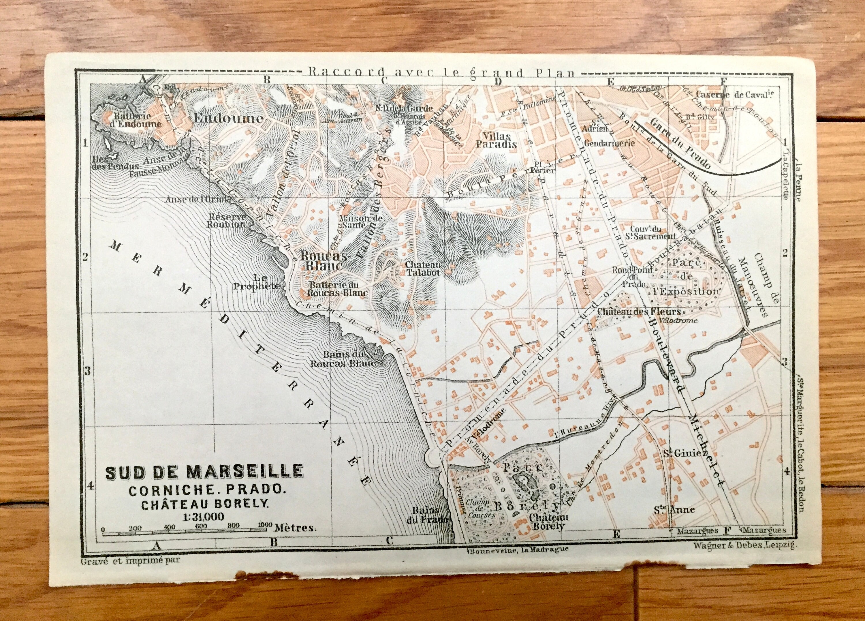 Antike 1914 Sud de Marseille, Frankreich Karte von Baedekers Guide Atlas – Endoume, Villa Paradis, Roucas-Blanc, Le Prophete, Parc Borely, Bains