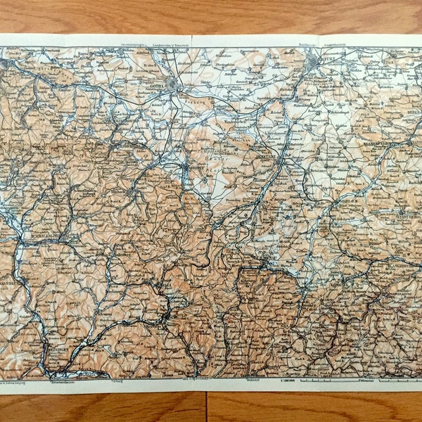 Antike 1925 Gotha, Deutschland Karte von Baedekers Guide Atlas – Meiningen, Suhl, Ilmenau, Arnstadt, Eisenach, Eirfurt, Konigsee, Weimar, Berka