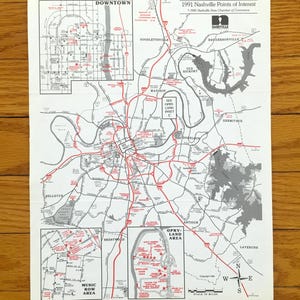 Antique Nashville, Tennessee 1991 Tourist Map by Chamber of Commerce – Davidson, Williamson County, Brentwood, The Gulch, Grand Ol Opry, TN