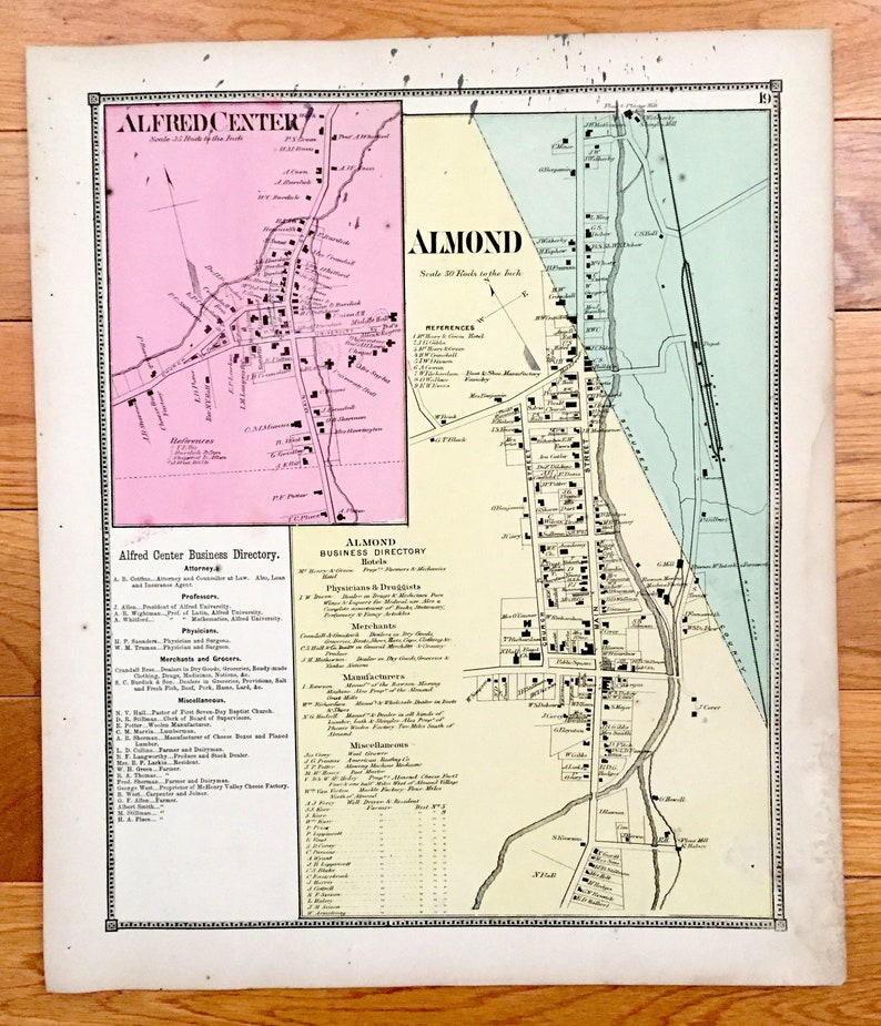 Antique 1869 Almond & Alfred Center New York Map from D.G. Etsy