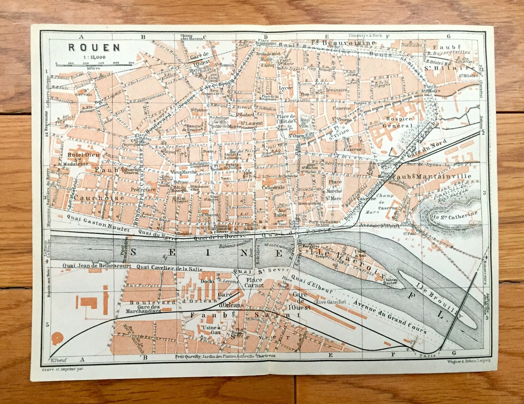Antique 1909 Rouen France Map From Baedekers Guide Atlas Etsy