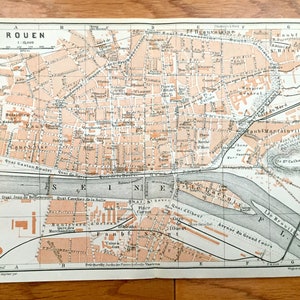 Mapa antigo de Rouen, França, 1909, do Baedekers Guide Atlas - Normandia, Rio Sena, cidade romana, gótica, medieval, Catedral de Notre Dame