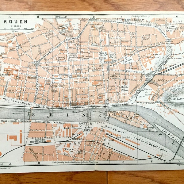 Antique 1909 Rouen, France Map from Baedekers Guide Atlas – Normandy, Seine River, Roman, Gothic, Medieval city, Notre Dame Cathedral