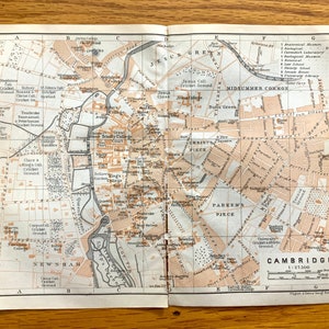 Antik 1906 Cambridge, England Karte von Baedekers Atlas of Great Britain – University, Kings College Chapel, Cavendish, St Johns, River Cam