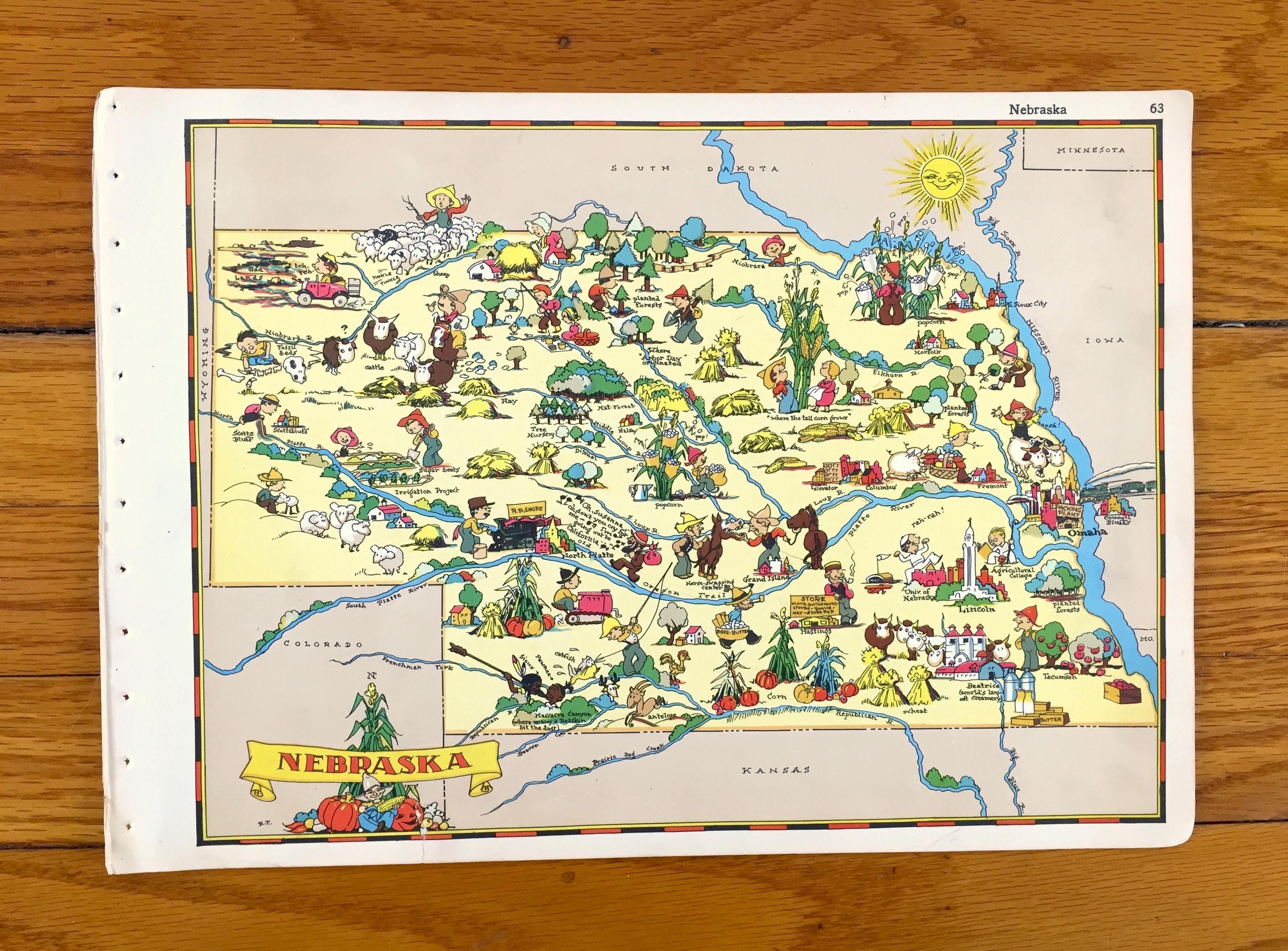Antique 1938 Nebraska State Map from Our Gay Geography by Ruth Taylor – Omaha, Lincoln, Bellevue, Grand Island, Kearny, Fremont, Hastings NE