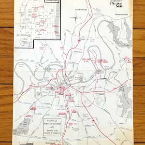 Carte touristique antique de Nashville, Tennessee, 1977 réalisée par la chambre de commerce - Davidson, comté de Williamson, Brentwood, The Gulch, Grand Ol Opry, Tennessee