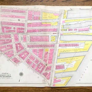 Antik 1908 Boston, Massachusetts Karte von G.W. Bromley Atlas – Waterfront, Financial District, Faneuil Hall, Quincy Market, Hafen, MA