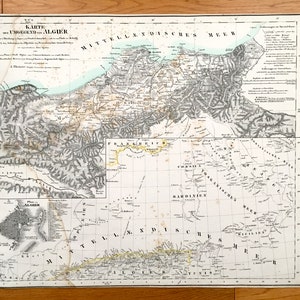 Antique 1855 Algérie Carte de l'Atlas de Sohr Berghaus par Carl Flemming - Karte der Umgegend, Tunisie, Maroc, Italie, Alger, Oran Afrique du Nord