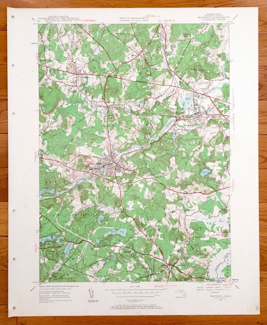 Antique Maynard, Massachusetts 1950 US Geological Survey Topographic