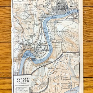 Antike 1911 Schaffhausen, Schweiz Karte von Baedekers Guide Atlas – Neuhausen am Rheinfall, Feuerthalen, Rhein, Flurlingen