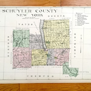 Antique Schuyler County, New York 1911 New Century Atlas Map – Watkins Glen, Burdett, Odessa, Montour Falls Tyrone Beaver Dam Seneca Lake NY