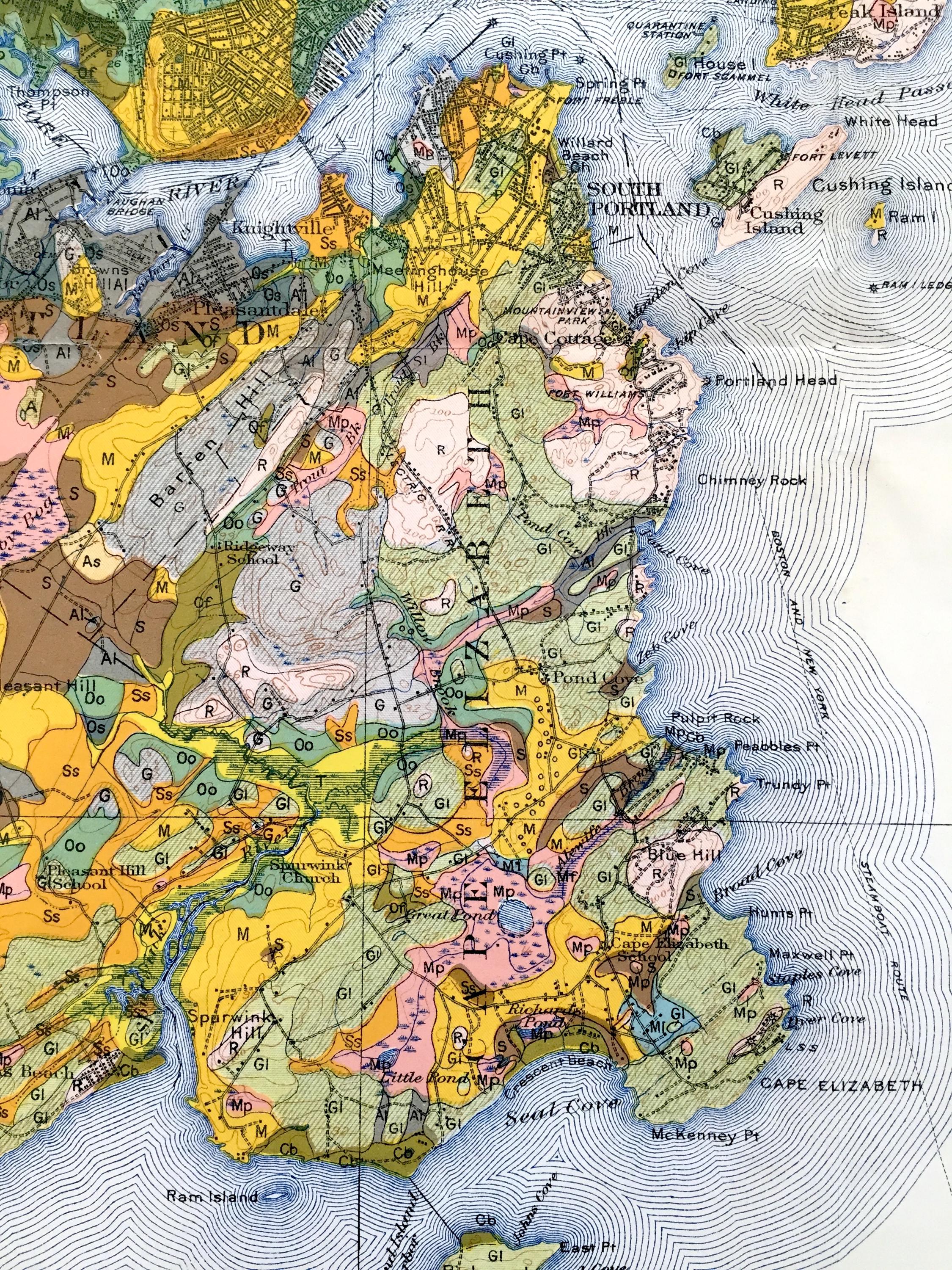 Portland Geologic Map Antique Cumberland County, Maine 1913 US Geological Survey Topographic ...