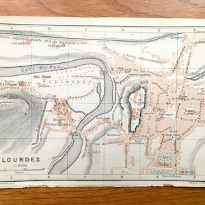 Antiguo 1914 Lourdes, Francia Mapa de Baedekers Guía Atlas – Montañas de los Pirineos, Peregrinación, Gruta de las Apariciones, Católico
