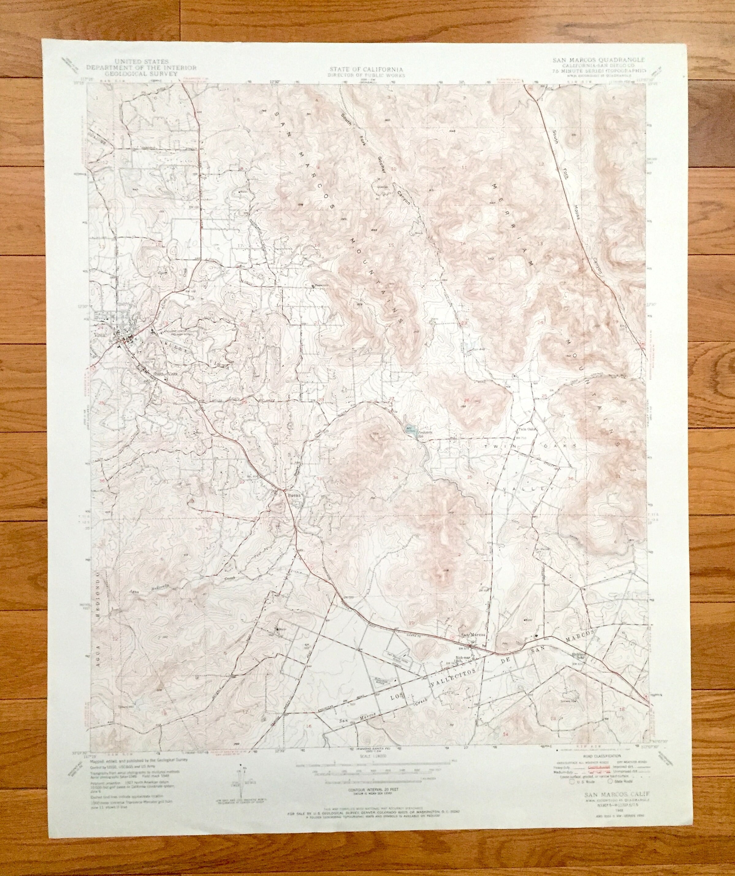 Antique San Marcos, California 1948 US Geological Survey Topographic Map – San Diego County, Carlsbad, Vista, Buena, Escondido, Oceanside CA