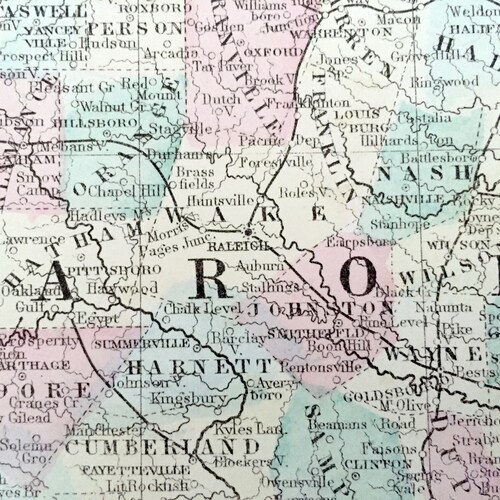 Antique 1871 North & South Carolina State Map by S. shops Augustus Mitchell – Charlotte, Raleigh Durham, Charleston, Savannah, Outer Banks, NC SC