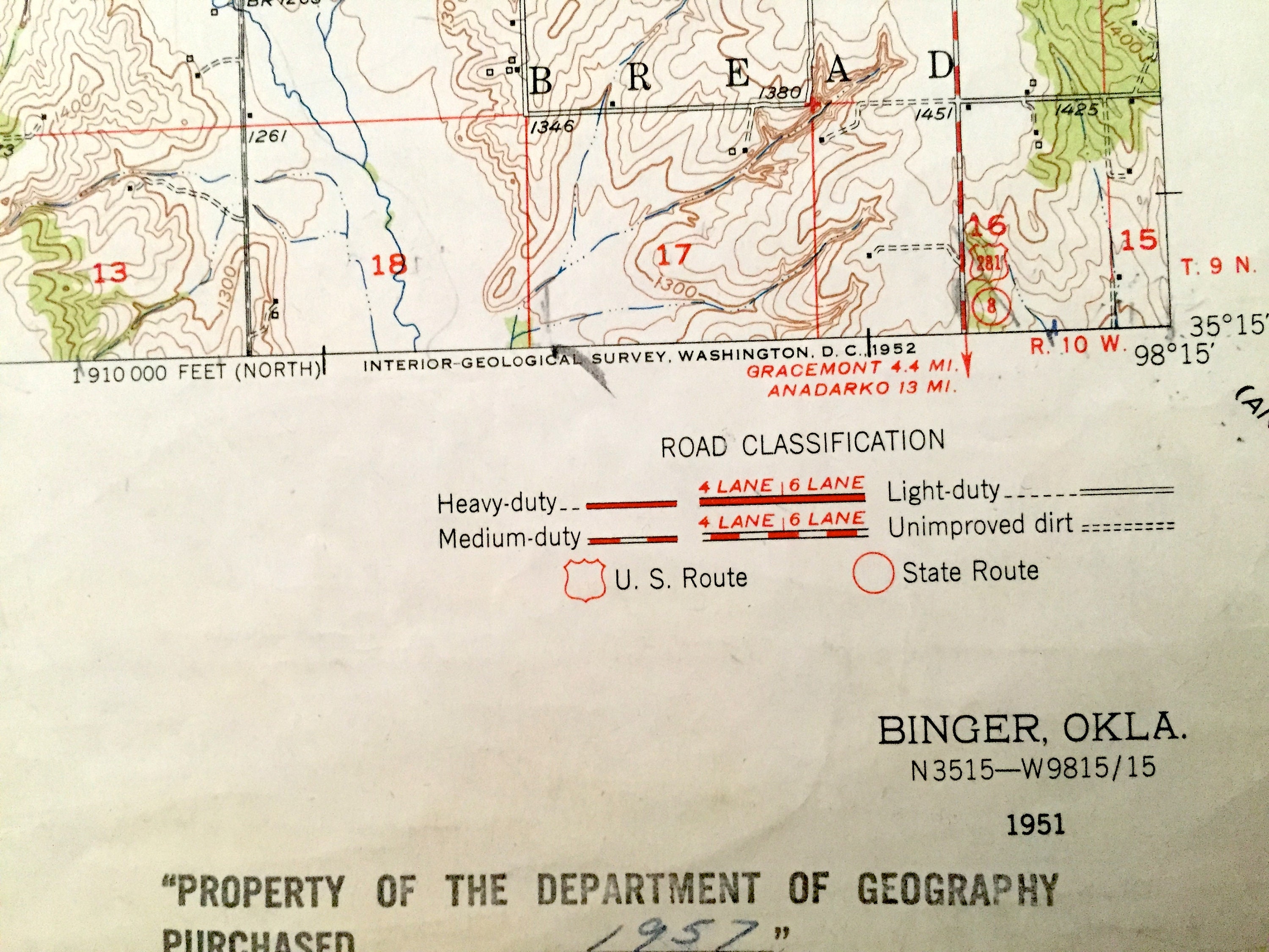 Antique Binger Oklahoma 1951 US Geological Survey Topographic Etsy