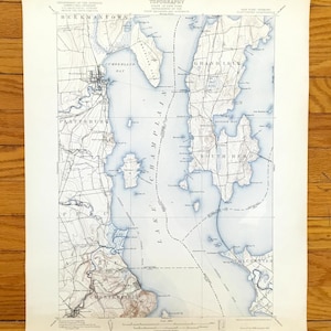 Antik topografisk karta från Plattsburgh, New York från 1906, amerikansk geologisk undersökning – Burlington, Lake Champlain, Port Kent, Hero Island, Vermont, NY, VT